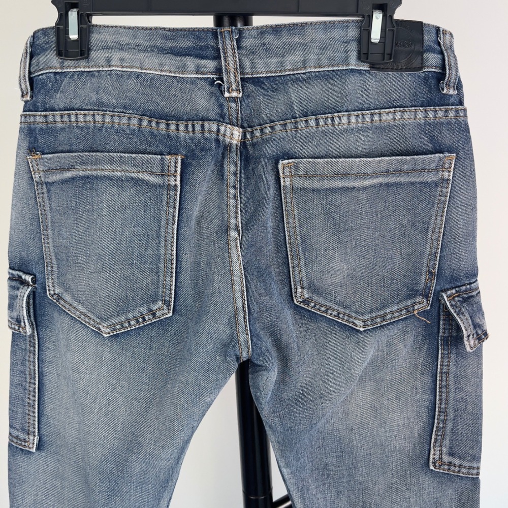 Trill Nation Mens 30x30 Moto Biker Cargo Jeans Distressed Blue Denim Ribbed Knee - Picture 10 of 13